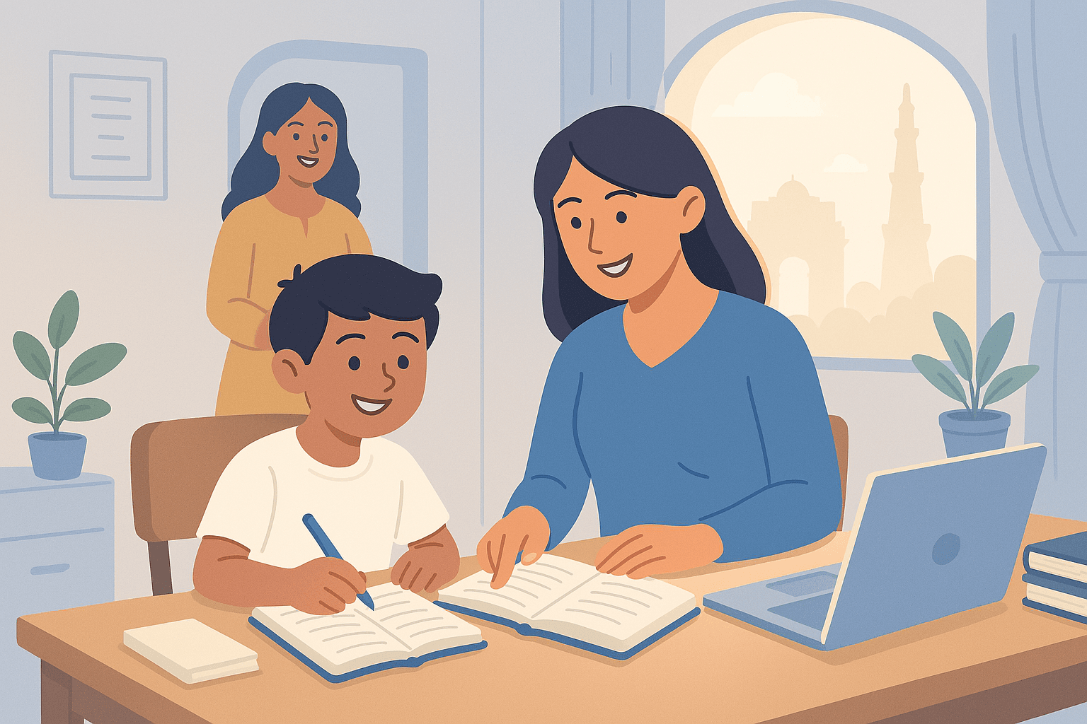 Child studying with a tutor at home while parent observes